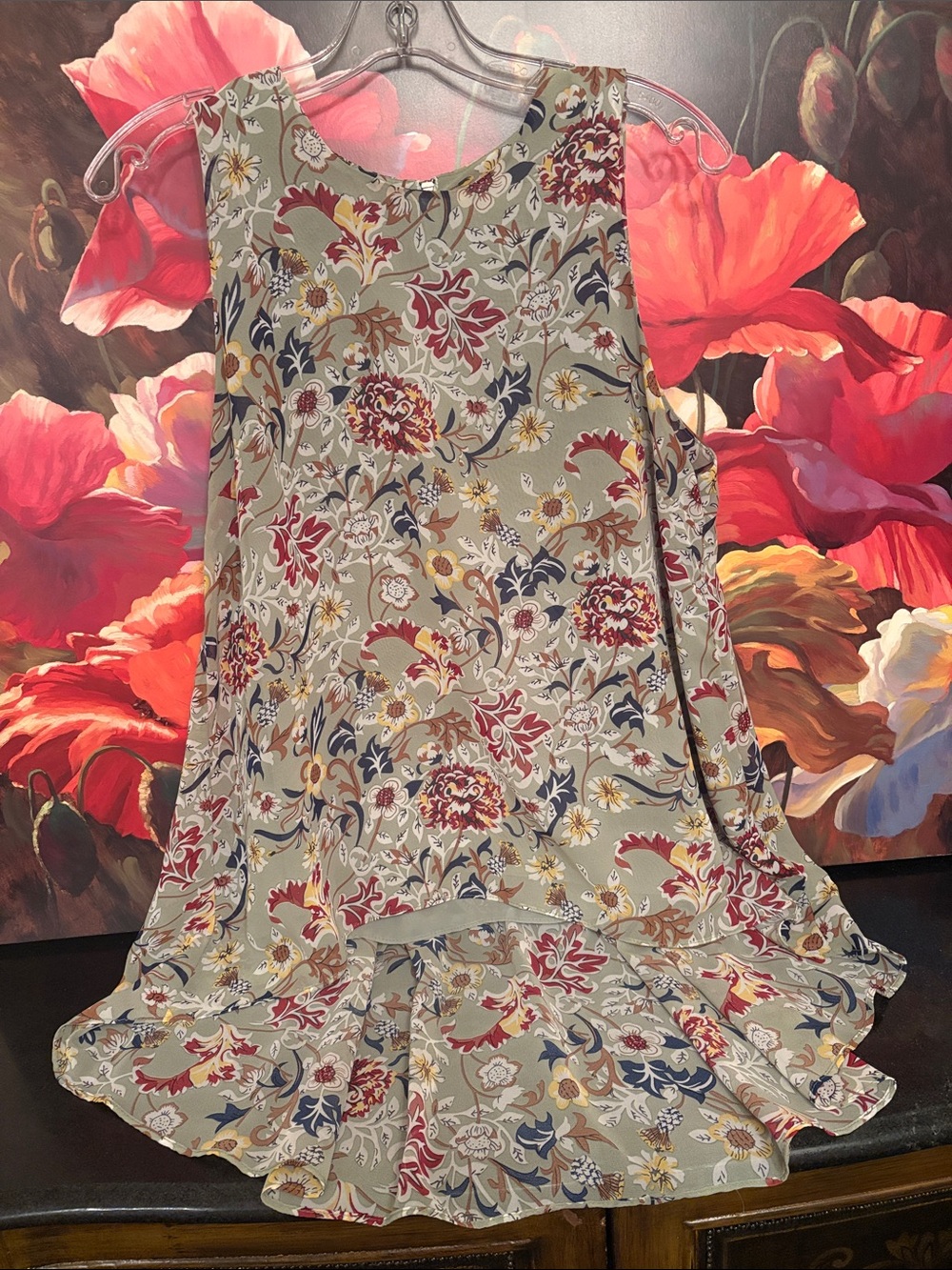 Sleeveless Floral Print Blouse in Sage with Red & Navy Accents